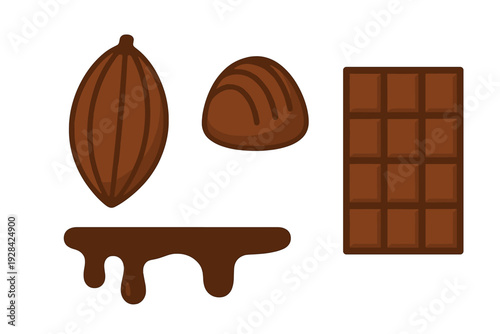 This flat vector graphic displays a cocoa pod, a chocolate truffle, a chocolate bar, and a melted chocolate drip on a dark background. Ideal for confectionery and dessert designs.