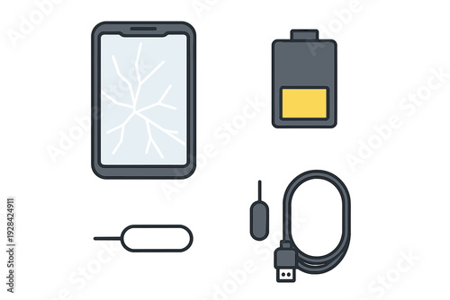 This flat vector illustration displays a broken smartphone with a shattered screen alongside a battery, a USB cable, and a SIM card removal tool on a dark background.