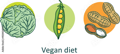Vegan Diet Icon Set Featuring Lettuce, Peas, and Peanuts for Healthy Eating, Plant-Based, and Vegan Lifestyle Designs