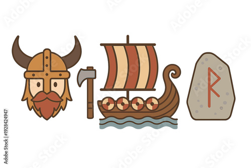 A collection of Viking themed illustrations including a bearded warrior with a horned helmet, a wooden longship with shields, a battle axe, and a runestone on a black background.