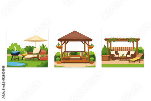 Three vector illustrations showcasing various outdoor living spaces, including a patio with a lounge chair, a wooden garden gazebo, and a pergola with comfortable seating.