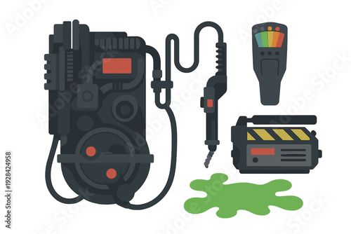 This flat design illustration shows various fictional ghost hunting tools such as a mechanical backpack, a handheld meter, a containment trap, and a puddle of green slime on a black background.
