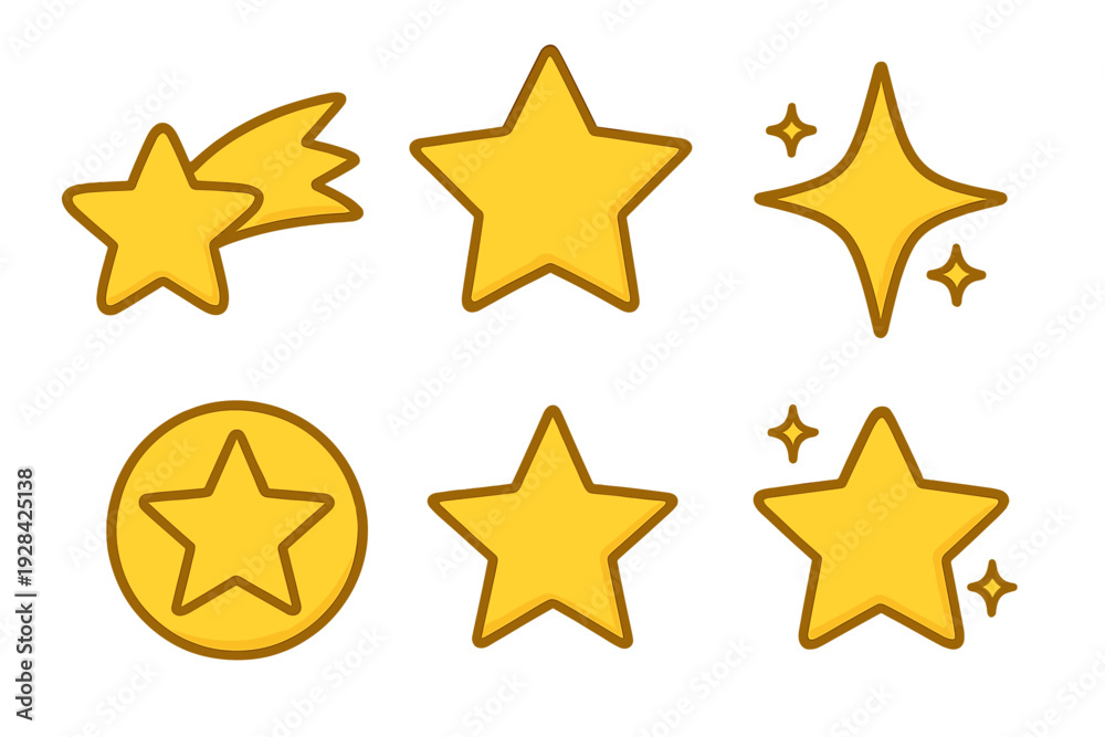 Obraz premium A collection of six yellow star icons featuring various designs such as a shooting star, sparkles, and a star in a circle, all presented in a clean cartoon vector style on a black background.