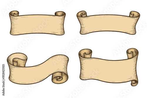 Four vintage parchment banners with curled edges and hand-drawn shading are displayed on a black background. These blank scrolls serve as antique or medieval design elements.