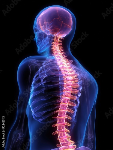 Human spinal curvature in 3D medical visualization musculoskeletal system disorder scoliosis and back pain on dark background