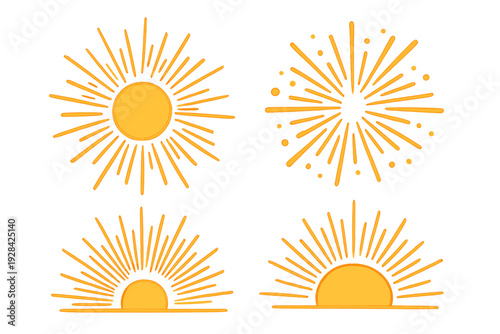 A set of four stylized sun and sunburst icons in bright orange and yellow colors on a solid black background, featuring full and half sun designs with radiating rays and dots.