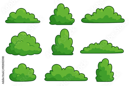A collection of nine stylized green bushes in various shapes and sizes, presented in a grid layout against a solid black background. These cartoon shrubs feature rounded edges and simple shading.