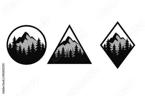 A set of three monochrome vector icons depicting mountain peaks and evergreen forests enclosed within circular, triangular, and diamond-shaped frames on a black background.