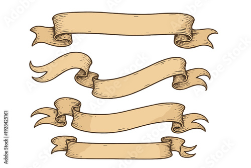 A set of four vintage parchment banners with hand-drawn engraving details. These antique ribbons feature curled ends and a weathered paper texture against a solid black background.