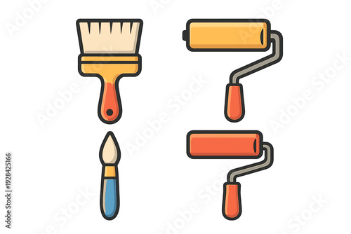 This set of four flat vector icons includes a wide paintbrush, a fine tip artist brush, and two paint rollers in yellow and orange, all presented on a solid black background.