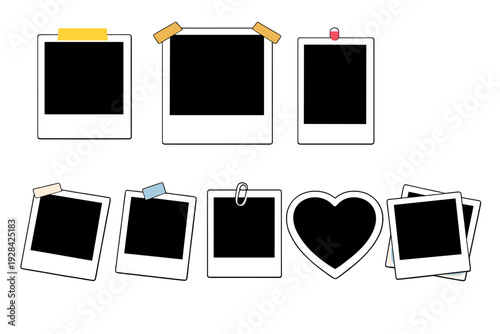 A collection of blank instant photo frames with various attachments like tape, a paperclip, and a push pin, including a heart-shaped frame, all set against a solid black background.