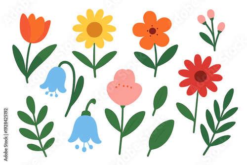 A collection of colorful stylized flower illustrations including tulips, daisies, and bellflowers with green leaves set against a solid black background in a flat design style.