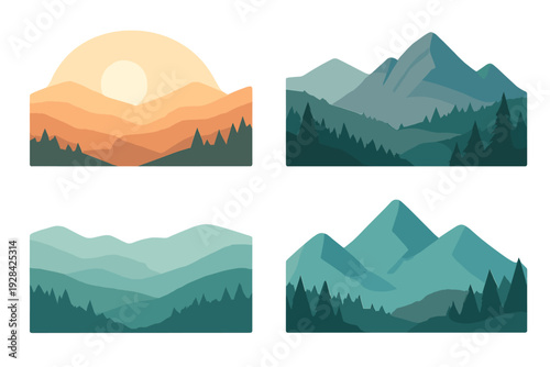 Four flat design landscape illustrations showing layered mountain peaks and evergreen forests under different lighting conditions, from warm golden hour to cool blue tones.