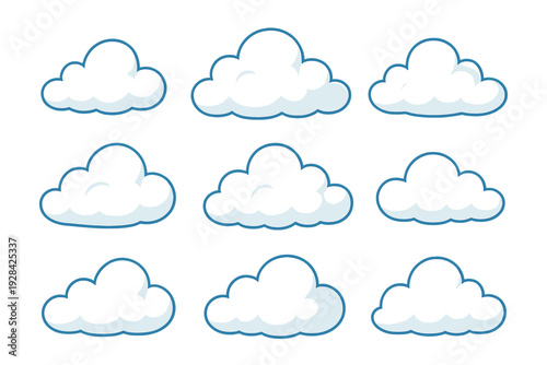 Nine fluffy white cartoon clouds with blue outlines are displayed in a three-by-three grid against a solid black background. Each cloud has a soft, rounded shape for graphic design.