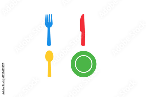 A minimalist illustration featuring a blue fork, a red knife, a yellow spoon, and a green plate arranged on a solid black background. The colorful kitchenware is shown in a flat style.