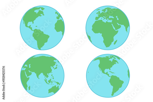 A set of four flat design illustrations of the Earth globe from various angles, featuring green landmasses and blue oceans against a solid black background.