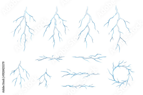 This set features multiple blue lightning bolt designs against a dark background. It includes vertical strikes, horizontal electrical discharges, and a circular energy ring.