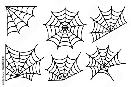 A collection of six different black spider web illustrations. The set includes corner webs, full circular webs, and irregular cobweb designs suitable for halloween decorations.