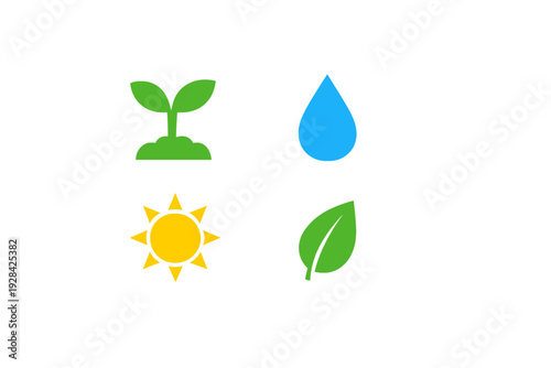Four minimalist icons representing nature and ecology are displayed on a black background, including a green sprout, a blue water drop, a yellow sun, and a single green leaf.