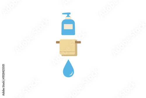 A minimalist flat illustration featuring a blue soap dispenser, a beige towel on a brown rack, and a blue water drop arranged vertically against a solid black background.