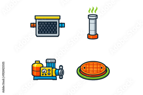 This collection of four vector icons depicts various plumbing and industrial components, including a filter tank, a venting pipe, a motorized pump, and a sewer manhole cover.