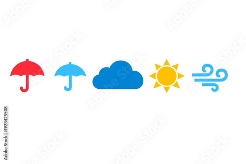 A row of five colorful weather icons including a red umbrella, a blue umbrella, a blue cloud, a yellow sun, and a blue wind symbol, all set against a solid black background.