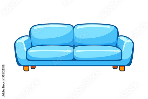 A light blue cartoon-style sofa with two seat cushions and two back cushions, featuring small orange legs, isolated on a solid black background for graphic design.