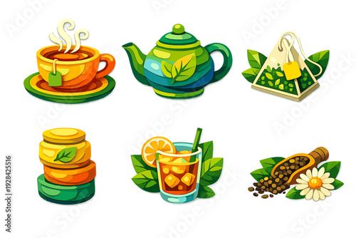 A collection of six stylized tea icons including a steaming cup, a green teapot, a pyramid tea bag, stacked containers, iced tea with lemon, and a scoop with chamomile flower.