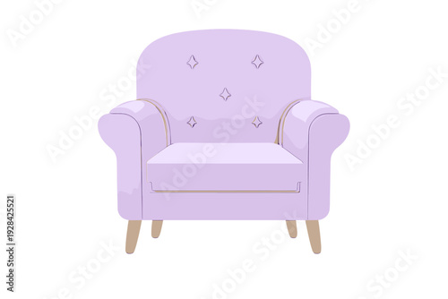 A 3D rendered light purple armchair with star-shaped tufting on the backrest and wooden legs, isolated against a black background. The chair features rounded armrests and a soft cushion.