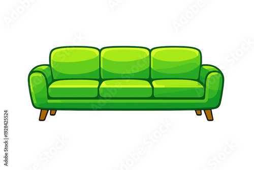 A bright green three-seater sofa with wooden legs is shown in a cartoon illustration style against a solid black background. The couch features rounded cushions and armrests.