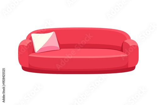 A red cartoon-style sofa with a single white and pink pillow sits against a black background. The couch features a rounded design with soft cushions and armrests in a flat illustration style.