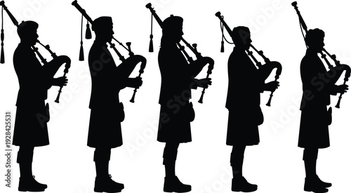 Scottish bagpiper silhouette set, traditional musician playing bagpipes in uniform, cultural heritage performance vector illustration isolated