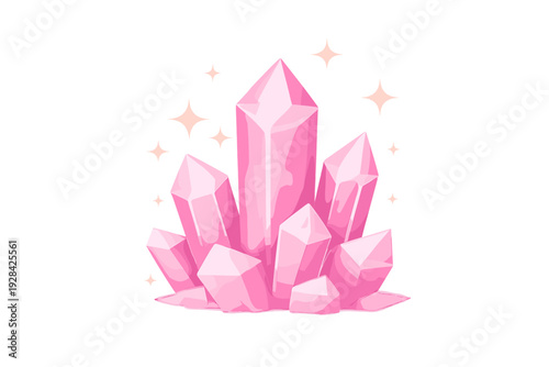 This illustration features a group of vibrant pink crystal shards with sharp edges and bright highlights, accompanied by small twinkling stars on a dark background.