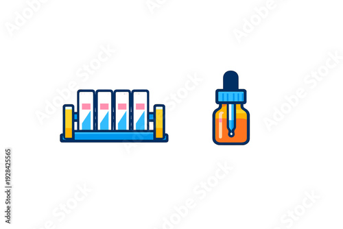 A flat illustration of laboratory equipment featuring a rack of four test tubes with blue and pink liquids alongside an orange dropper bottle on a solid black background.