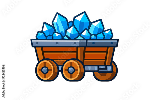 A cartoon illustration of a wooden mine cart overflowing with sharp blue crystals. The cart features metal trim and wooden wheels, presented on a plain black background.