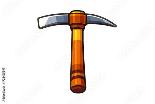 This vector illustration features a colorful pickaxe with a segmented orange handle and a sharp silver head. The object is centered and isolated on a plain black background.