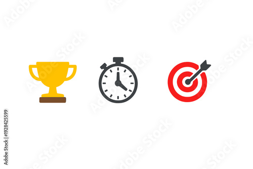 Three minimalist icons representing success, time, and goals are displayed on a solid black background. The set includes a golden trophy, a black stopwatch, and a red target with an arrow.