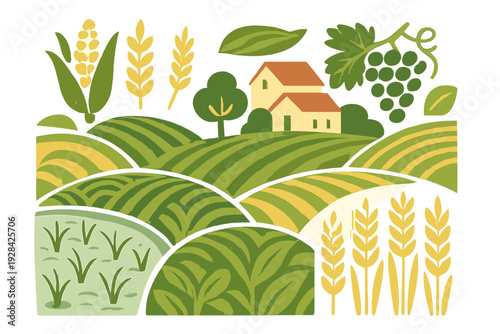 A stylized illustration of a rural landscape featuring rolling green hills, a small farmhouse, and various agricultural crops like wheat, corn, and grapes in a flat graphic style.