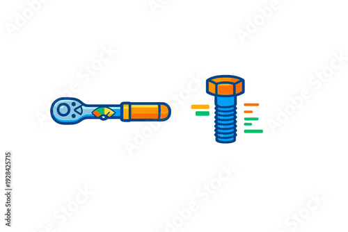 A stylized illustration of a blue and orange torque wrench with a gauge next to a blue bolt with an orange head. The graphic is set against a solid black background.