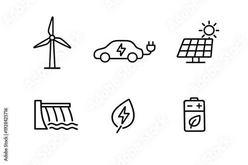 A collection of six minimalist black line icons representing renewable energy sources and green technology, including wind power, solar panels, electric vehicles, and hydro power.