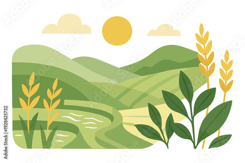 This minimalist vector illustration depicts a peaceful countryside scene with green terraced hills, golden wheat stalks, and a bright sun shining over the rolling landscape.