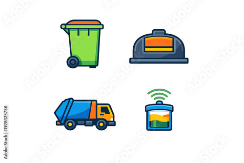 A set of four flat vector icons representing waste management, including a green wheelie bin, a large waste container, a garbage truck, and a smart bin with a wireless signal.