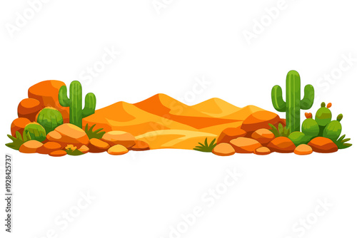 This vector illustration depicts a dry desert scene with rolling sand dunes, tall green cacti, scattered rocks, and small desert plants against a dark backdrop.