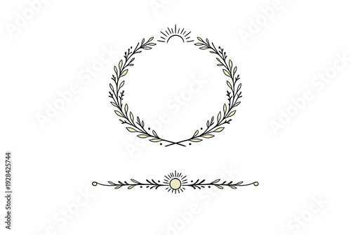 A cream-colored laurel wreath with a sunburst at the top and a matching horizontal divider with a central sun motif, both set against a solid black background for an elegant look.