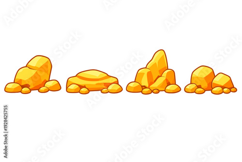 A collection of four stylized golden rock formations and nuggets isolated on a black background. These cartoon-style mineral clusters feature bright yellow and orange tones with dark outlines.