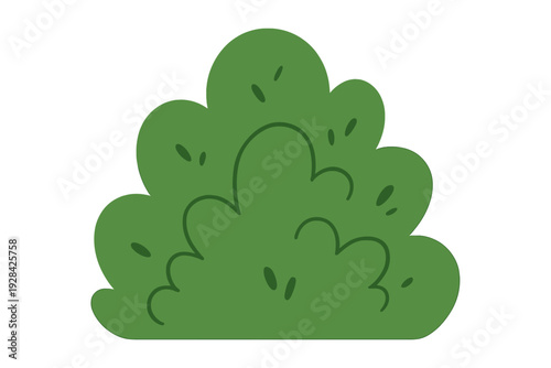 A stylized green bush illustration featuring rounded foliage and dark green leaf accents. This flat design shrub is depicted with a subtle texture on a solid black background.