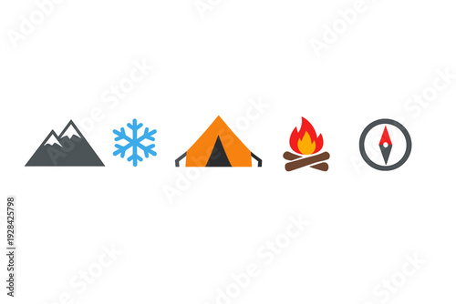 A row of five flat vector icons representing outdoor activities and camping, including mountains, a snowflake, a tent, a campfire, and a compass, set against a solid black background.