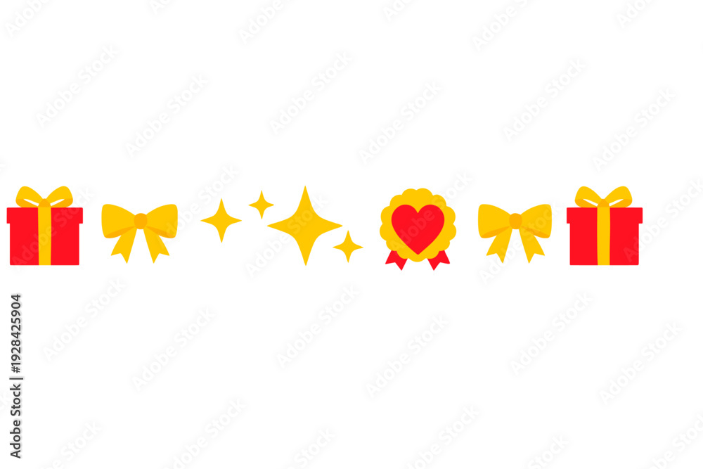 Fototapeta premium A horizontal row of festive icons including red gift boxes, yellow bows, golden stars, and a heart medal, all set against a solid black background in a flat graphic style.