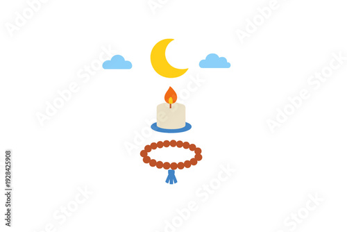 This graphic shows a yellow crescent moon between two clouds, a burning white candle, and a brown prayer bead necklace with a blue tassel, arranged vertically on a black backdrop.