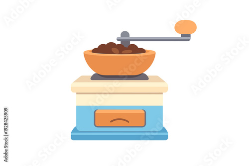 A flat illustration of a manual coffee grinder with a wooden hopper filled with dark roasted beans, a blue base with a small drawer, and a grey handle with an orange knob.